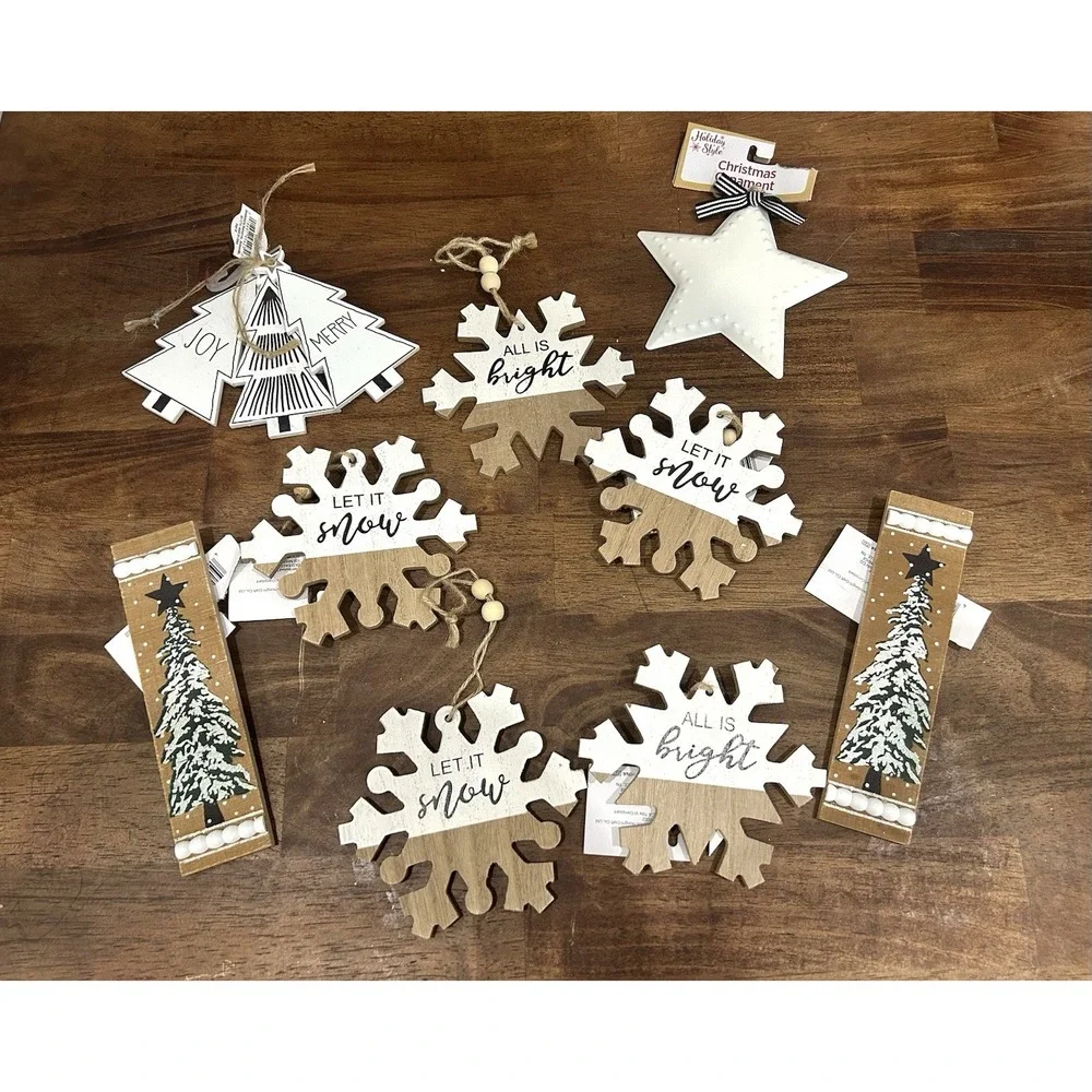 Lot Of 11 Rustic Wooden Snowflake Christmas Tree Star Ornaments Farmhouse‎ Decor